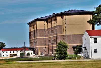 Construction work is shown July 22, 2022, in the 1600 block of the cantonment area at Fort McCoy, Wis., on a second new transient training troops barracks project on the post.