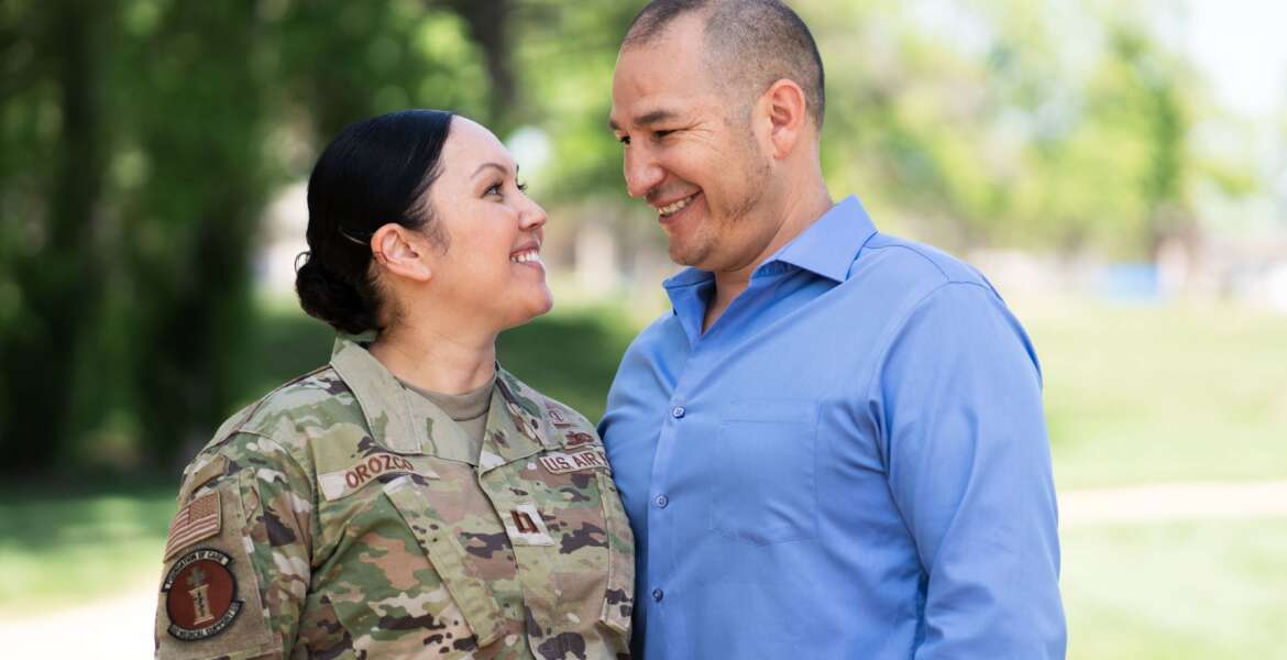 military spouse, U.S. Air Force Capt. Jennifer Orozco, 60th Medical Operations Squadron clinical social worker and her spouse, Josue, participate in the Military Spouse Appreciation Day campaign at Travis Air Force Base, California, April 7, 2022.