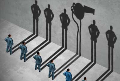 Whistle blower or whistleblower concept as a symbol of a secret informer agent posing as an employee with his cast shadow of a whistle as a metaphor for inside infoermation on misconduct in a 3D illustration style.